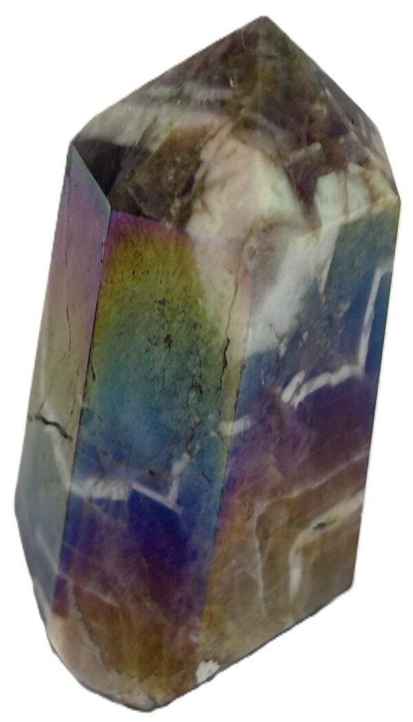 Standing rainbow amethyst aura polished crystal point 11 sians emporium Polished rainbow amethyst aura quartz generator point showing iridescent green violet and gold metallic sheen over natural chevron banding